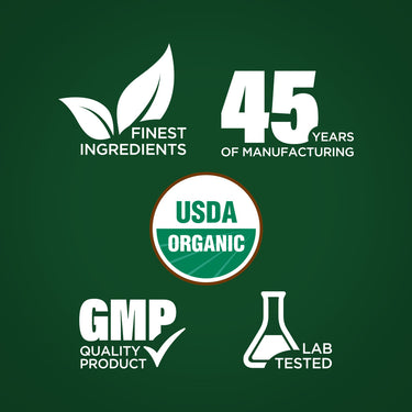 Infographic showcasing finest ingredients, 45 years of manufacturing, USDA Organic certification, GMP quality, and lab testing.