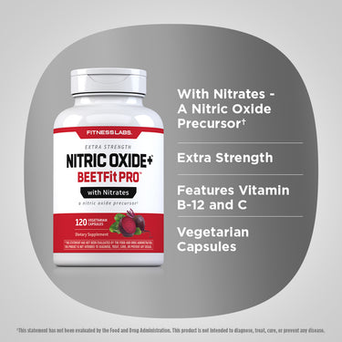 Product highlights graphic stating With Nitrates - A Nitric Oxide Precursor⁺, Extra Strength, Features Vitamins B-12 and C, Vegetarian Capsules.