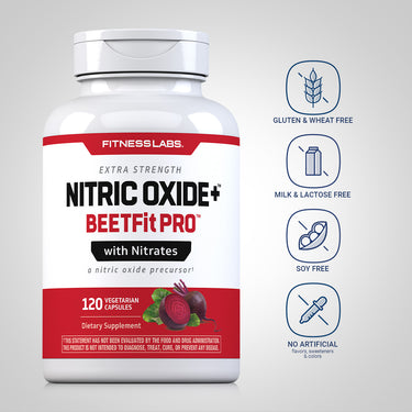 Nitric Oxide bottle with icons indicating gluten, wheat, milk, lactose, and soy free; no artificial flavors, sweeteners, or colors.