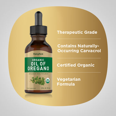 Product highlights graphic stating Therapeutic Grade, Contains Naturally-Occurring Carvacrol, Certified Organic, Vegetarian Formula.