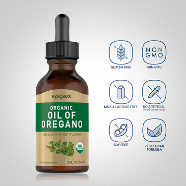 Oil of Oregano bottle with icons indicating Gluten Free, Non GMO, Milk & Lactose Free, No Artificial Flavors, Soy Free, Vegetarian.