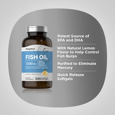 Product highlights graphic stating potent EPA & DHA, natural lemon flavor to control fish burps, purified mercury-free softgels