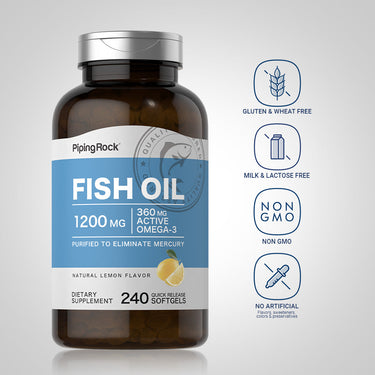 Fish Oil bottle with icons indicating Gluten & Wheat Free, Milk & Lactose Free, Non GMO, No Artificial Flavors, Sweeteners, Colors, or Preservatives.