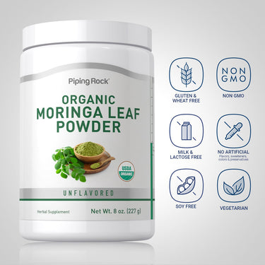 Piping Rock Organic Moringa Leaf Powder, Unflavored bottle with icons indicating Gluten & Wheat Free, Non GMO, Milk & Lactose Free, No Artificial Flavors, Sweeteners, Colors & Preservatives, Soy Free, Vegetarian.