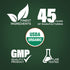 Graphic stating Finest Ingredients, 45 Years of Manufacturing, USDA Organic, GMP Quality Product, Lab Tested.
