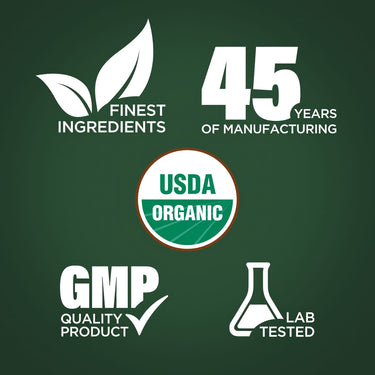 Graphic stating Finest Ingredients, 45 Years of Manufacturing, USDA Organic, GMP Quality Product, Lab Tested.
