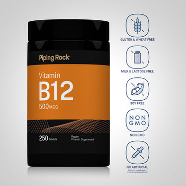 Piping Rock Vitamin B12 500 mcg bottle with icons indicating Gluten & Wheat Free, Milk & Lactose Free, Soy Free, Non GMO, No Artificial Flavors, sweeteners, colors & preservatives.