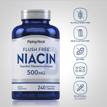 Niacin bottle with icons indicating Gluten & Wheat Free, Milk & Lactose Free, Soy Free, Non GMO, No Artificial Ingredients.
