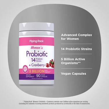 Product highlights graphic stating Advanced Complex for Women, 3,000 mg Fresh Cranberry Equiv.*, 14 Probiotic Str., 5B Active Organisms**, Vegan Capsules