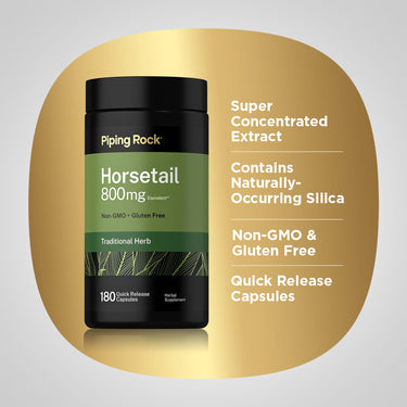 Graphic showing PipingRock Horsetail 800 mg bottle stating Super Concentrated Extract, Contains Naturally-Occurring Silica, Non-GMO & Gluten Free, Quick Release Capsules.