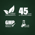 Infographic showing finest ingredients, 45 years in manufacturing, GMP quality product, and lab-tested assurance.
