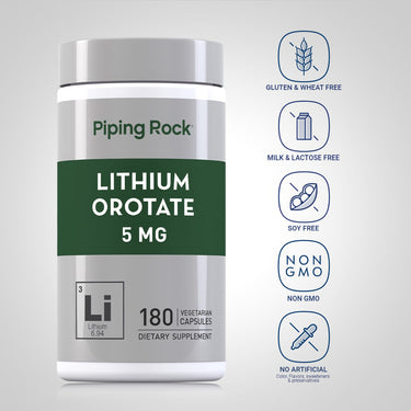 Lithium Orotate bottle with icons indicating gluten, wheat, milk, lactose, soy free, non-GMO, no artificial additives.