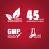 Infographic highlighting finest ingredients, 45 years of manufacturing, GMP quality product, and lab tested assurance.