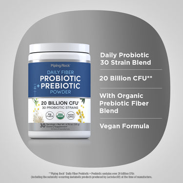 Product highlights graphic stating Daily Probiotic 30 Strain Blend, 20 Billion CFU, With Organic Prebiotic Fiber Blend, Vegan Formula. Piping Rock Daily Fiber Probiotic + Prebiotic Powder bottle shown.**