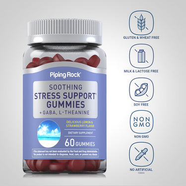 Stress Gummies bottle with icons indicating gluten free, wheat free, milk and lactose free, soy free, non-GMO, no artificial colors.