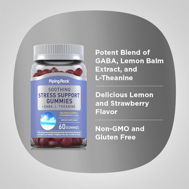 Soothing Stress Support Gummies with GABA, L-Theanine, lemon and strawberry flavor, 60 count.