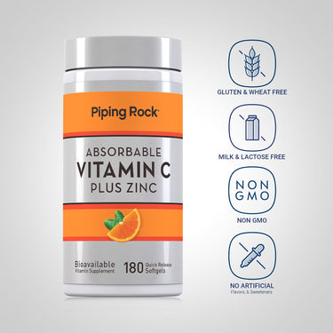Vitamin C + Zinc bottle with icons indicating gluten free, lactose free, non-GMO, no artificial flavors, sweeteners, preservatives.