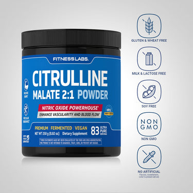 Fitness Labs Citrulline Malate 2:1 Powder container with icons indicating Gluten & Wheat Free, Milk & Lactose Free, Soy Free, Non GMO, No Artificial Flavors, Sweeteners, Colors & Preservatives.