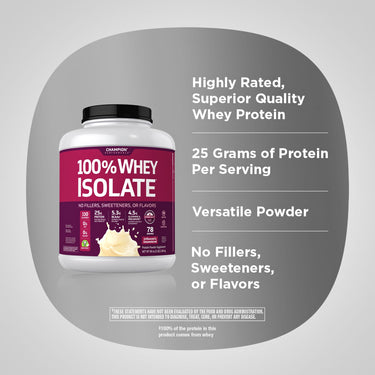 Product graphic stating 100% Whey Isolate whey protein with bottle image and highlights including Highly Rated, Superior Quality Whey Protein, 25 Grams of Protein Per Serving, Versatile Powder, and No Fillers, Sweeteners, or Flavors.