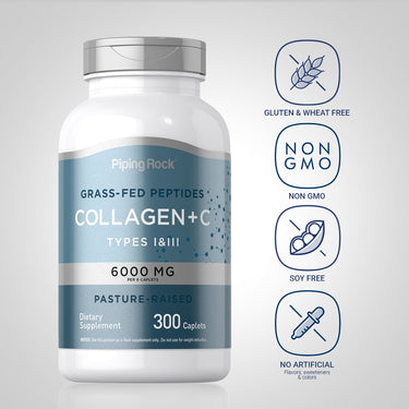 Piping Rock Collagen + C Types I & III 6000 mg bottle with icons indicating Gluten & Wheat Free, Non GMO, Soy Free, No Artificial Flavors, sweeteners & colors