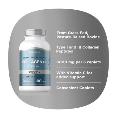 graphic stating From Grass-Fed, Pasture-Raised Bovine, Type I and III Collagen Peptides, 6000 mg per 6 caplets, With Vitamin C for added support, Convenient Caplets