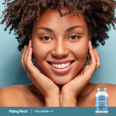 Adult smiling with hands resting against the face, with a Piping Rock Grass-Fed Peptides Collagen + C Types I & III 6000 mg bottle shown in the lower right corner.