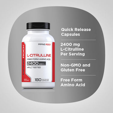 L-Citrulline 2400 mg per serving, 180 Quick Release Capsules. Free form amino acid, non-GMO, gluten-free, HPLC tested.