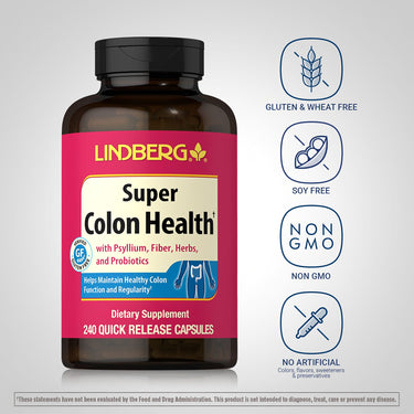 Lindberg Super Colon Health bottle with icons indicating Gluten & Wheat Free, Soy Free, Non GMO, No Artificial Colors, flavors, sweeteners & preservatives.
