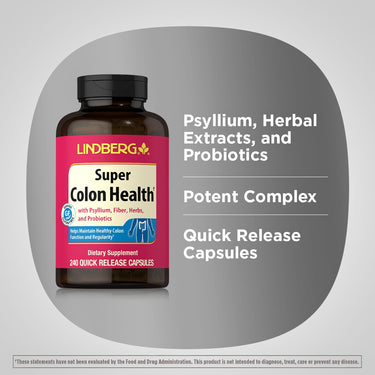 Graphic showing Lindberg Super Colon Health bottle, stating Psyllium, Herbal Extracts, and Probiotics, Potent Complex, Quick Release Capsules
