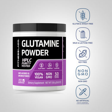 Glutamine Powder bottle: PLANT BASED, FERMENTED, GLUTEN & WHEAT FREE, MILK & LACTOSE FREE, SOY FREE, NON GMO, NO ARTIFICIAL Flavors/Sweeteners/Colors/Preservatives