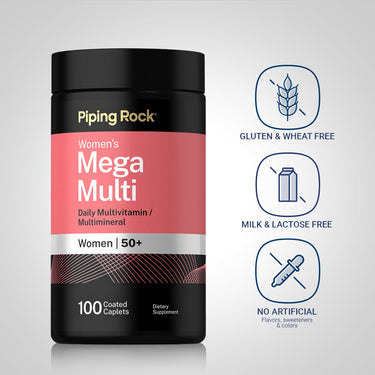 Women's Multi 50+ bottle with icons indicating Gluten & Wheat Free, Milk & Lactose Free, No Artificial Flavors or Preservatives.