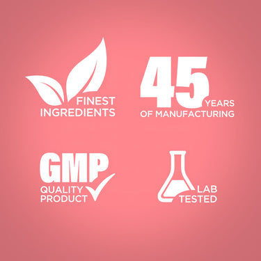 Graphic stating Finest Ingredients, 45 Years of Manufacturing, GMP Quality Product, Lab Tested