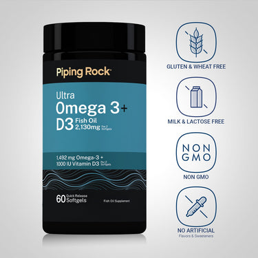 Piping Rock Ultra Omega 3 + D3 Fish Oil bottle with icons indicating Gluten & Wheat Free, Milk & Lactose Free, Non GMO, and No Artificial Flavors & Sweeteners