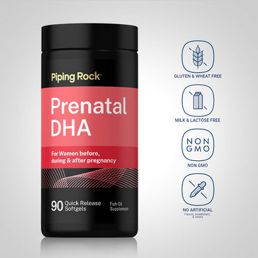 Piping Rock Prenatal DHA bottle with icons indicating Gluten & Wheat Free, Milk & Lactose Free, Non GMO, No Artificial Flavors, Sweeteners, Colors & Preservatives