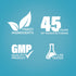 Graphic stating Finest Ingredients, 45 Years of Manufacturing, GMP Quality Product, Lab Tested