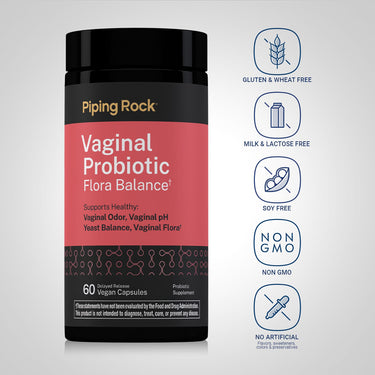 Piping Rock Vaginal Probiotic Flora Balance bottle with icons indicating Gluten & Wheat Free, Milk & Lactose Free, Soy Free, Non GMO, No Artificial Flavors, Sweeteners, Colors & Preservatives