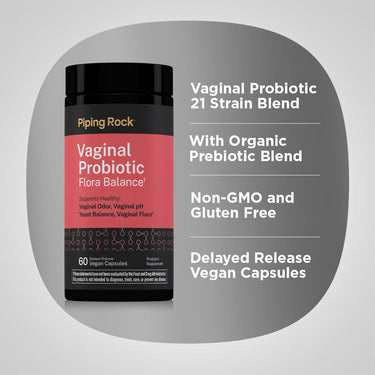 Product highlights graphic stating Vaginal Probiotic 21 Strain Blend, With Organic Prebiotic Blend, Non-GMO and Gluten Free, Delayed Release Vegan Capsules.