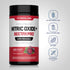Nitric Oxide bottle with icons indicating gluten, wheat, milk, lactose, and soy free; no artificial flavors, sweeteners, or colors.