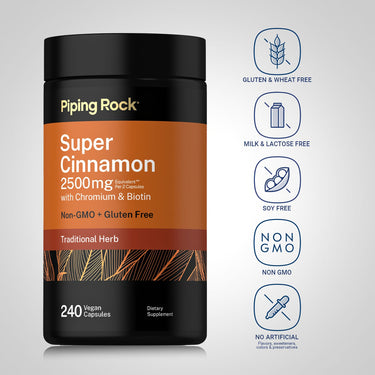 Super Cinnamon bottle with icons indicating Gluten/Wheat Free, Milk/Lactose Free, Soy Free, Non-GMO, No Artificial Additives.