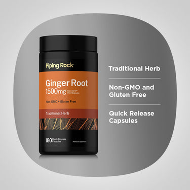 Piping Rock Ginger Root 1500 mg, 180 quick release capsules, graphic stating Traditional Herb, Non-GMO and Gluten Free, Quick Release Capsules