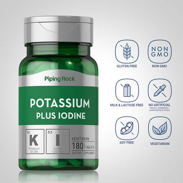 Potassium Plus Iodine bottle with icons indicating Gluten Free, Non GMO, Milk & Lactose Free, No Artificial Flavors, Soy Free, Vegetarian.