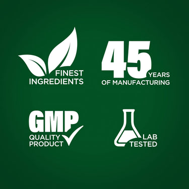 Graphic stating Finest Ingredients, 45 Years of Manufacturing, GMP Quality Product, Lab Tested