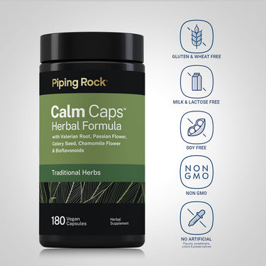 Piping Rock Calm Caps Herbal Formula bottle with icons indicating Gluten & Wheat Free, Milk & Lactose Free, Soy Free, Non GMO, No Artificial Flavors, Sweeteners, Colors & Preservatives.