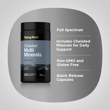 Graphic stating Full Spectrum, Includes Chelated Minerals for Daily Support, Non-GMO and Gluten Free, Quick Release Capsules, alongside Piping Rock Chelated Multi Minerals Full Spectrum bottle, 120 quick release capsules