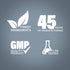 Graphic stating Finest Ingredients, 45 Years of Manufacturing, GMP Quality Product, Lab Tested
