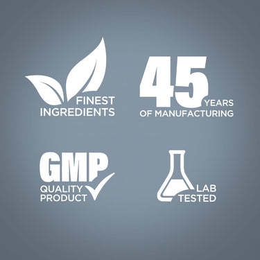 Graphic stating Finest Ingredients, 45 Years of Manufacturing, GMP Quality Product, Lab Tested