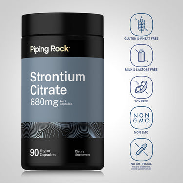 Piping Rock Strontium Citrate 680 mg bottle with icons indicating Gluten & Wheat Free, Milk & Lactose Free, Soy Free, Non GMO, No Artificial Flavors, sweeteners, colors & preservatives