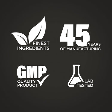 Graphic stating Finest Ingredients, 45 Years of Manufacturing, GMP Quality Product, Lab Tested