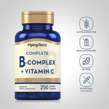Piping Rock Complete B-Complex + Vitamin C bottle with icons indicating Gluten & Wheat Free, Milk & Lactose Free, Soy Free, No Artificial Flavors, Sweeteners, Colors & Preservatives.
