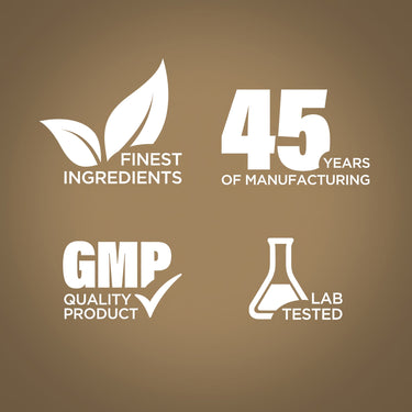Graphic stating Finest Ingredients, 45 Years of Manufacturing, GMP Quality Product, Lab Tested